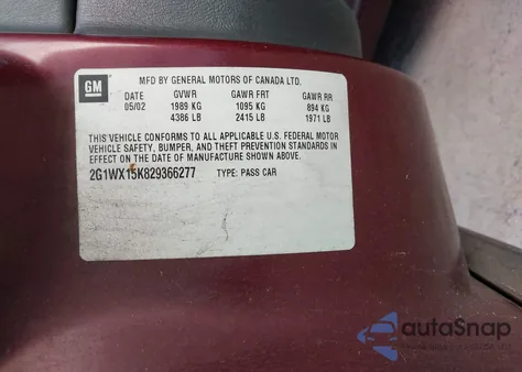 2002 Chevrolet Monte Carlo Ss from USA, damaged, VIN 2G1WX15K829366277